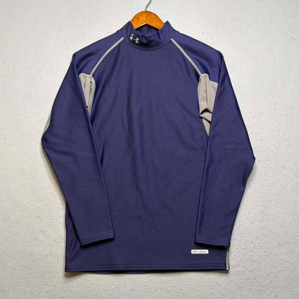 Under Armour Compression Shirt Mens XL Blue Metal ColdGear Mock Neck Long Sleeve